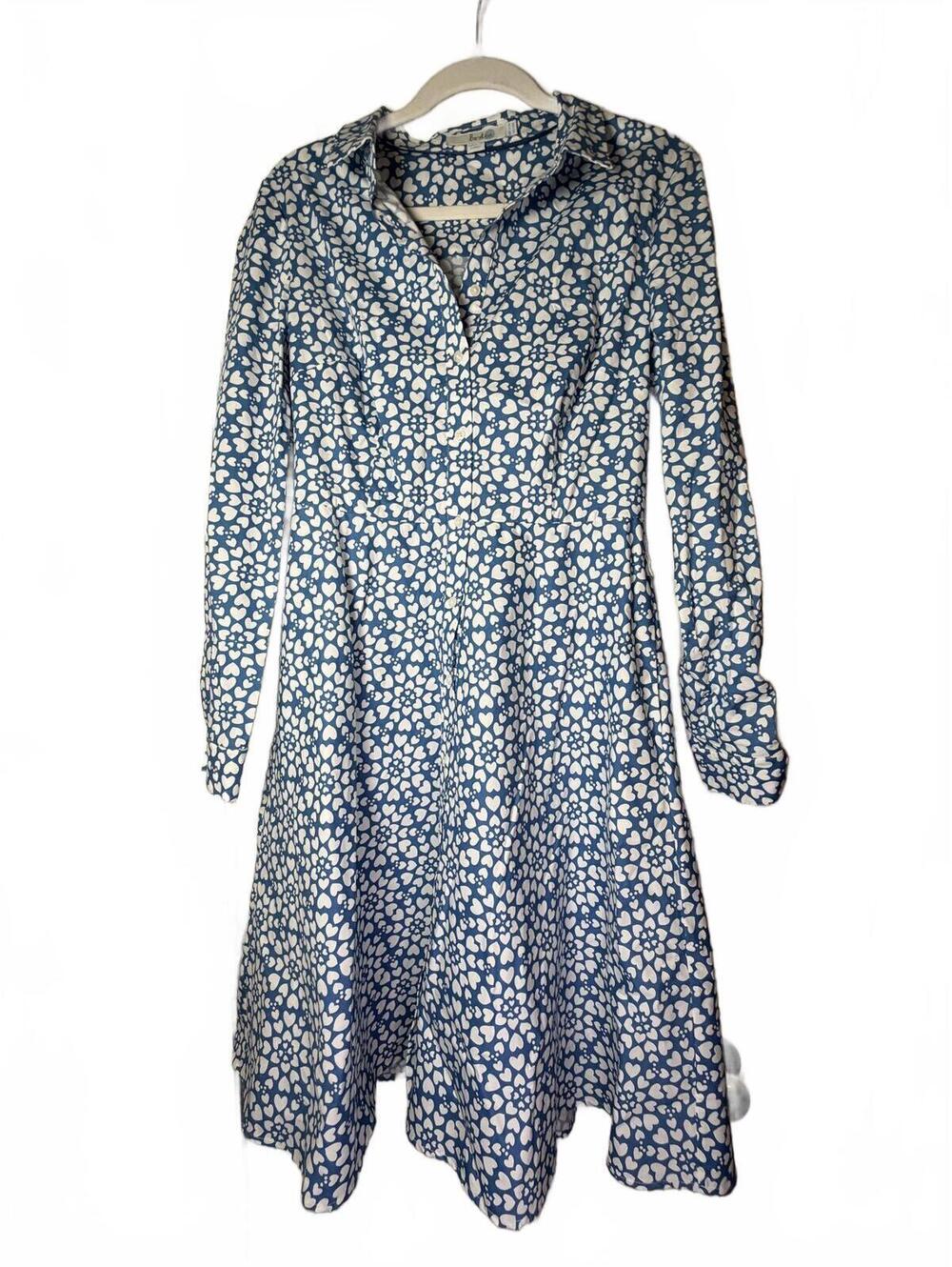 Boden Blue White Heart Print Shirt Dress Women 8R Cotton Stretch Midi
